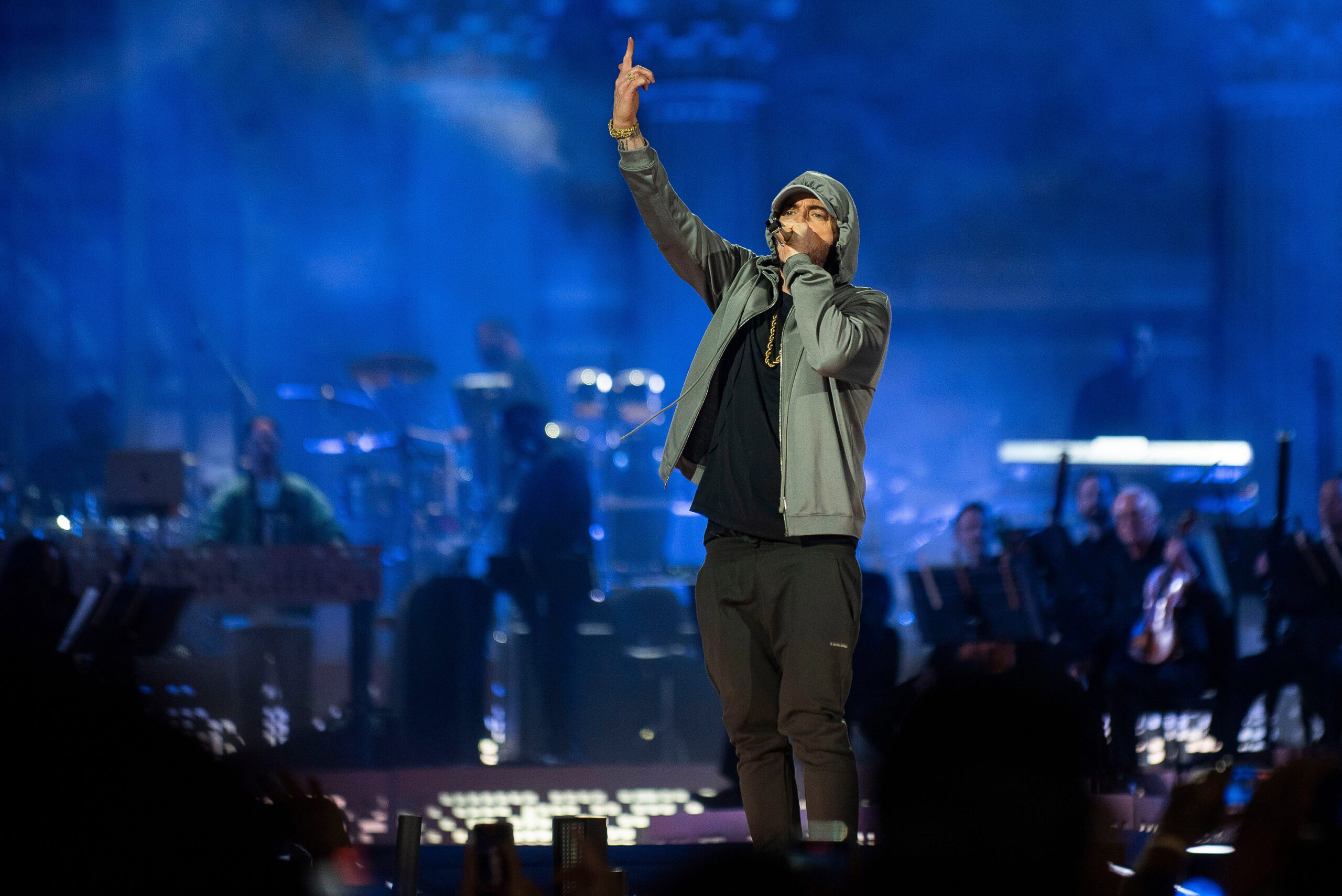 Eminem performs during "Live from Detroit: The Concert at Michigan Central" on June 6, 2024, in Detroit. (Katy Kildee/The Detroit News/TNS)