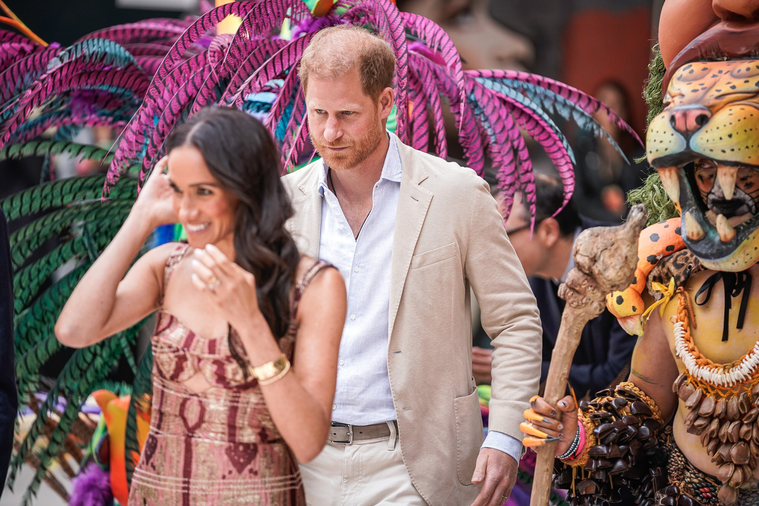 Meghan, Duchess of Sussex and Prince Harry, Duke of Sussex attend a folkloric presentation during their visit to Colombia on Aug. 15, 2024, in Bogota, Colombia. (Diego Cuevas/Getty Images/TNS)